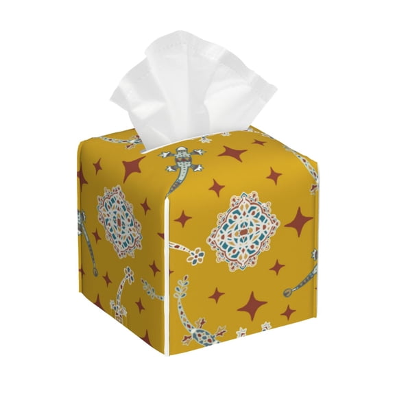 Leather Tissue Box Cover Square - Geometric Lizard Gecko Colorful_A Waterproof Tissue Box Holder Paper Case Organizer Dispenser for Modern Home Office Room Home Bathroom Decor