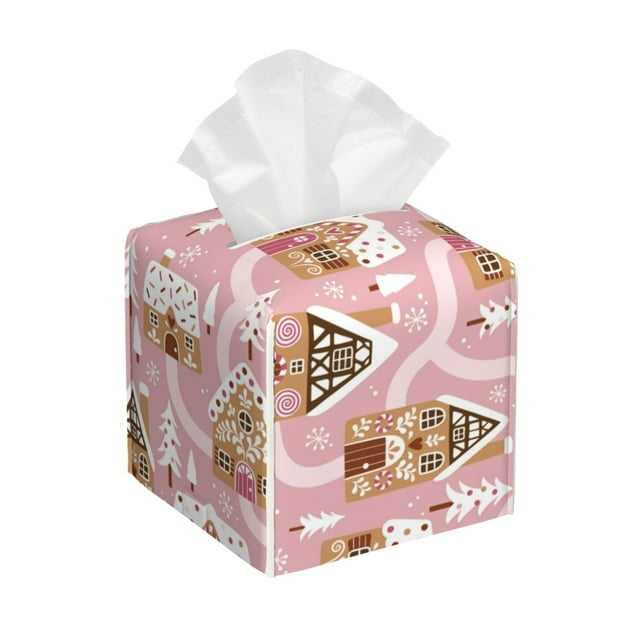 Leather Tissue Box Cover Square, Gingerbread Houses Pink Wonderland