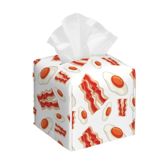 Leather Tissue Box Cover Square - Hobo Eggs Bacon Print Red White Waterproof Tissue Box Holder Paper Case Organizer Dispenser for Modern Home Office Room Home Bathroom Decor