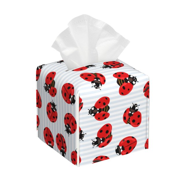 Leather Tissue Box Cover Square, Ladybug On Blue Stripes Waterproof