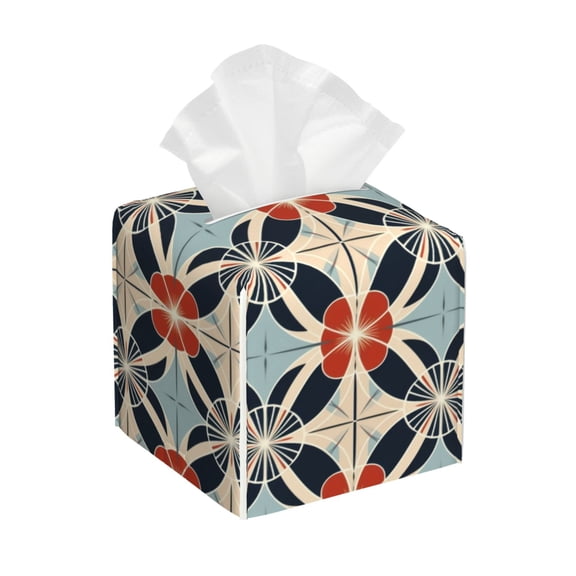 Leather Tissue Box Cover Square - Oriental Geometric Art Waterproof Tissue Box Holder Paper Case Organizer Dispenser for Modern Home Office Room Home Bathroom Decor