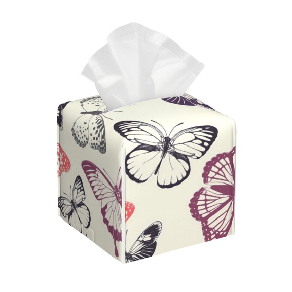 Leather Tissue Box Cover Square - Pastel Butterfly Flight Waterproof Tissue Box Holder Paper Case Organizer Dispenser for Modern Home Office Room Home Bathroom Decor