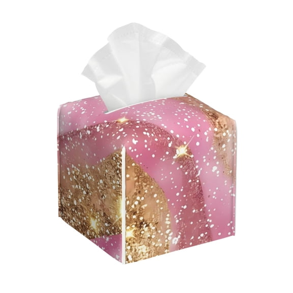 Leather Tissue Box Cover Square - Pink and Gold Glam Glitter Waterproof Tissue Box Holder Paper Case Organizer Dispenser for Modern Home Office Room Home Bathroom Decor