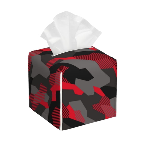 Leather Tissue Box Cover Square - Red Grey Black Camouflage Waterproof Tissue Box Holder Paper Case Organizer Dispenser for Modern Home Office Room Home Bathroom Decor