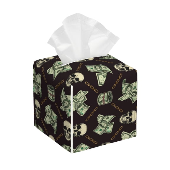 Leather Tissue Box Cover Square - Skulls Gold Chains Dollar Waterproof Tissue Box Holder Paper Case Organizer Dispenser for Modern Home Office Room Home Bathroom Decor