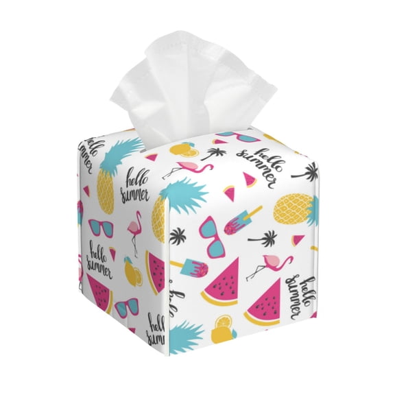 Leather Tissue Box Cover Square - Summer Bird Pineapple Waterproof Tissue Box Holder Paper Case Organizer Dispenser for Modern Home Office Room Home Bathroom Decor