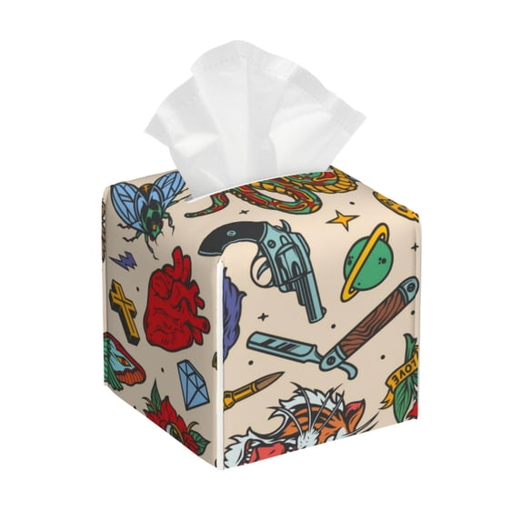 Leather Tissue Box Cover Square - Vintage Tattoo Elements Collage Waterproof Tissue Box Holder Paper Case Organizer Dispenser for Modern Home Office Room Home Bathroom Decor