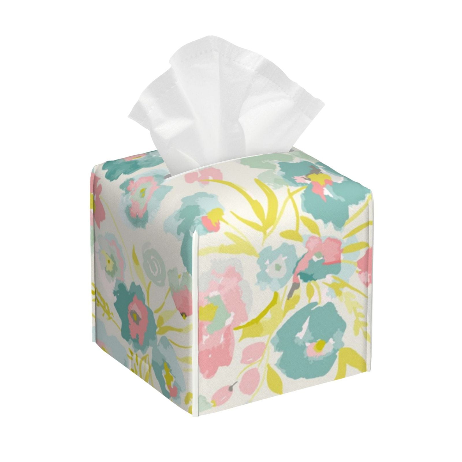 Leather Tissue Box Cover Square, Watercolor Wildflowers Waterproof