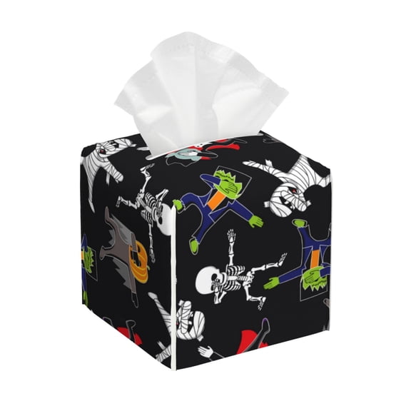 Leather Tissue Box Cover Square - Zombie Mummy Skeleton Waterproof Tissue Box Holder Paper Case Organizer Dispenser for Modern Home Office Room Home Bathroom Decor