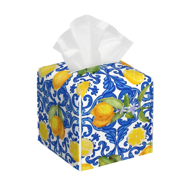 Leather Tissue Box Cover Square, lemons Sicilian traditional print
