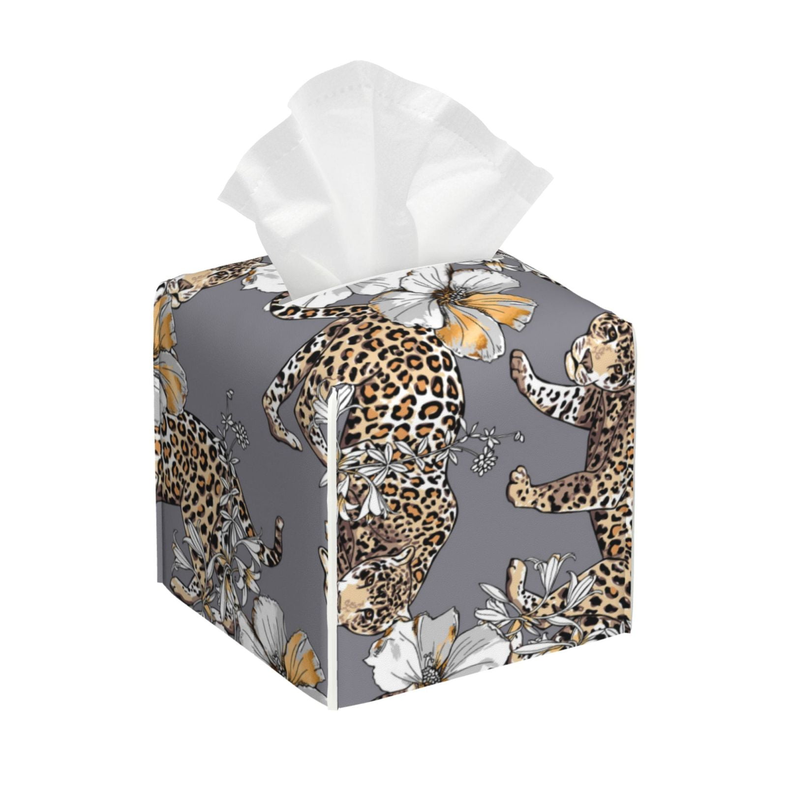 Leather Tissue Box Cover Square, leopard Gold Hibiscus floral grey