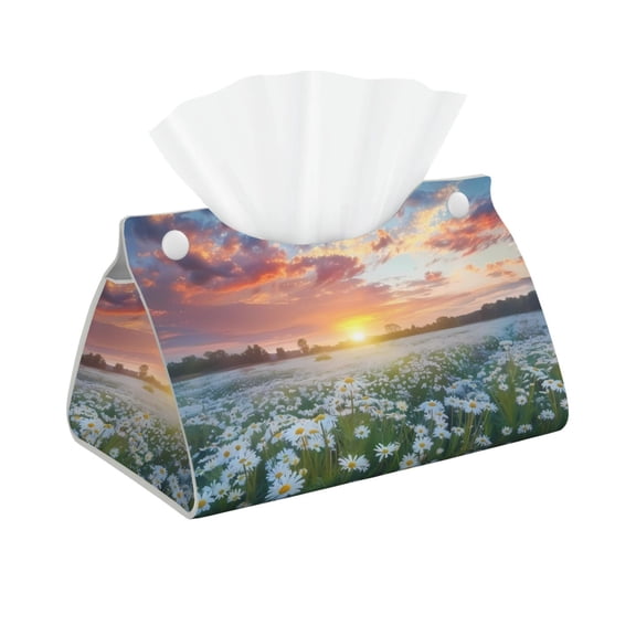 Leather Tissue Box Cover - Sunset Daisy Meadow Long PVC Tissue Box Holder for Dining Tables, Bedside Tables, Desks, Modern Tissue Holder Cover for Living Room, Office, Bedroom Decor