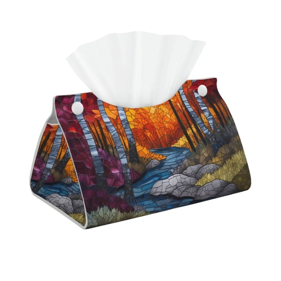 Leather Tissue Box Cover - Tiffany Style Autumn Forest Long PVC Tissue Box Holder for Dining Tables, Bedside Tables, Desks, Modern Tissue Holder Cover for Living Room, Office, Bedroom Decor