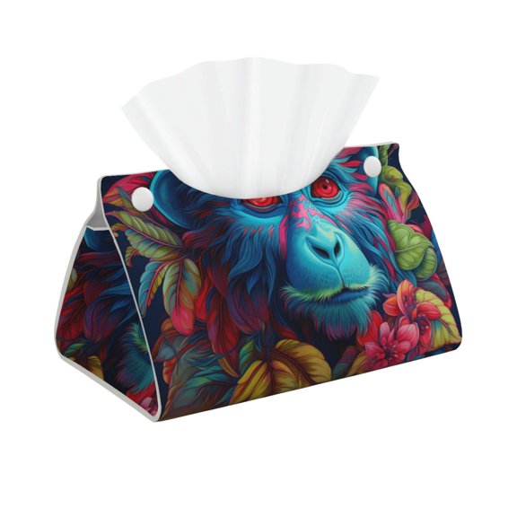 Leather Tissue Box Cover - Tribal Style Flower Blue Monkey Long PVC Tissue Box Holder for Dining Tables, Bedside Tables, Desks, Modern Tissue Holder Cover for Living Room, Office, Bedroom Decor