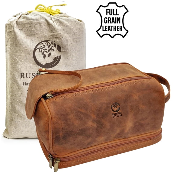 Leather Toiletry Bag Travel Dopp Kit Shaving Cosmetic Organizer Makeup Case for Men & Women by Rustic Town, Large