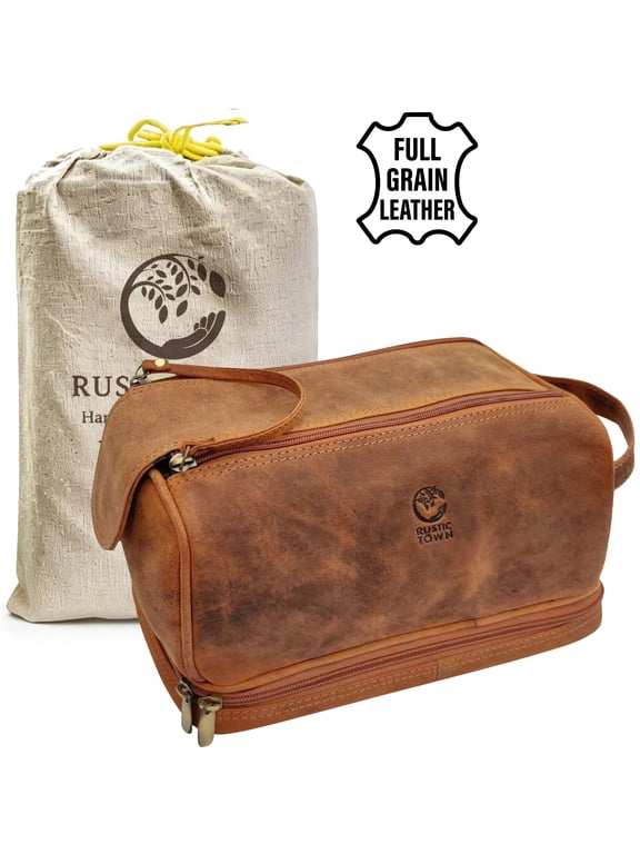 Leather Toiletry Bag Travel Dopp Kit Shaving Cosmetic Organizer Makeup Case for Men & Women by Rustic Town, Large