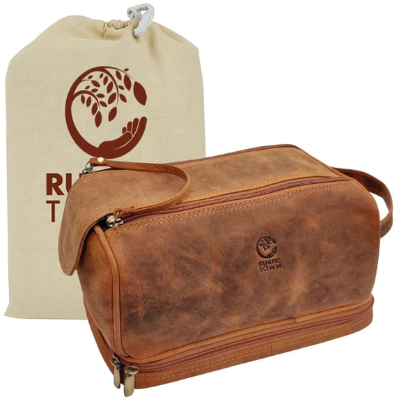 Leather Toiletry Bag Travel Dopp Kit Shaving Cosmetic Organizer Makeup Case for Men & Women by Rustic Town, Large