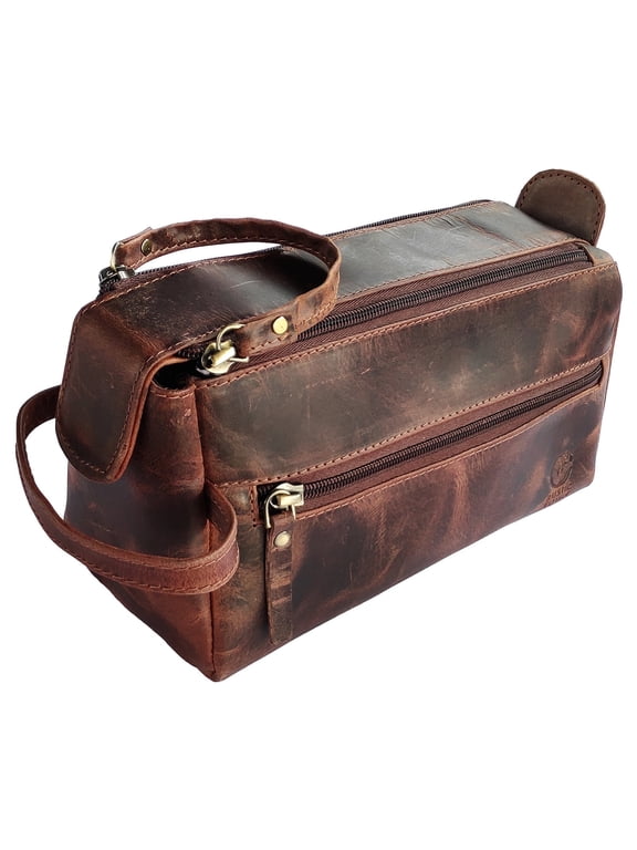 Leather Toiletry Bag for Men & Women - Shaving Dopp Kit Travel Case Cosmetic Makeup Wash Bag by Rustic Town