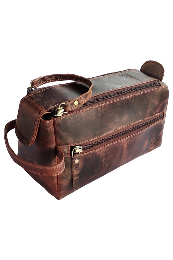 Leather Toiletry Bag for Men & Women - Shaving Dopp Kit Travel Case Cosmetic Makeup Wash Bag by Rustic Town
