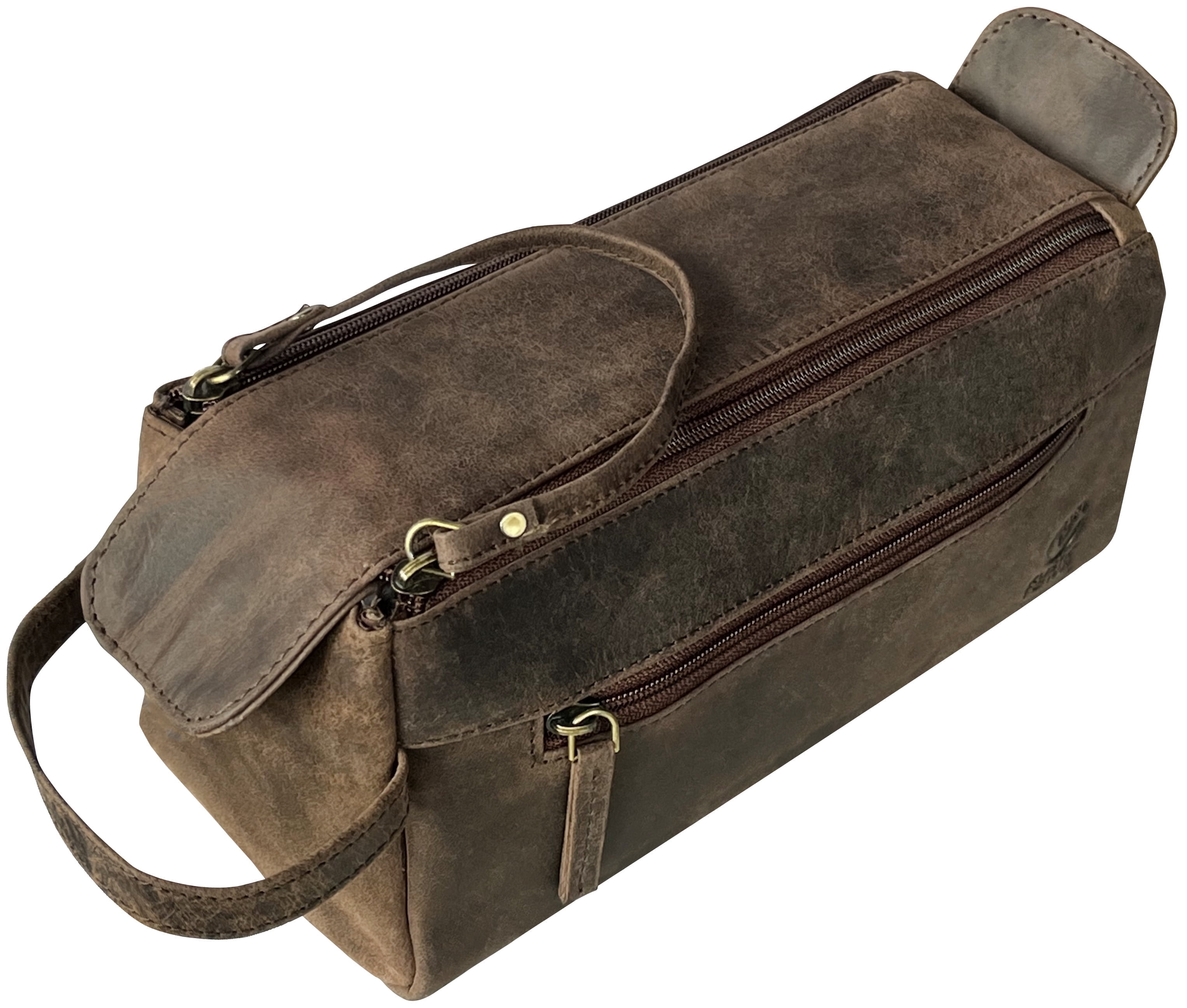 Leather Toiletry Bag for Men Women Travel Dopp Kit Bathroom Shower Hygiene Bag Makeup Cosmetic Organizer Gift for Him Her by Rustic Town, Dark Brown