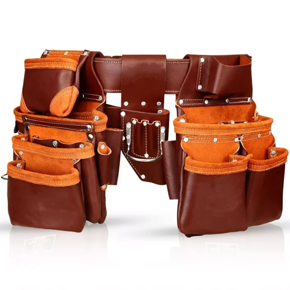 Leather Tool Belt with Tool Pouch, Durable Multi-Pocket Tool Storage for Hand Tools, Nails, Screws & Accessories, Adjustable Waist Belt