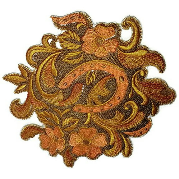 Leather Tooling Horseshoe And Flower Embroidered Iron on/Sew patch [5" X 5"]