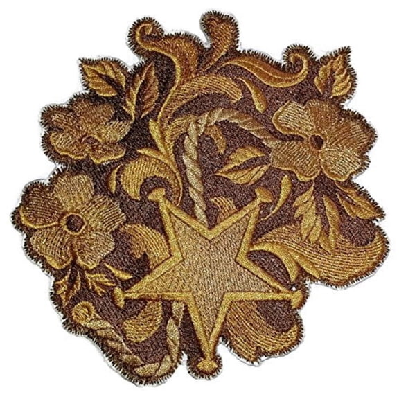 Leather Tooling Star And Flowers Embroidered Iron on/Sew patch [5" X 5"]