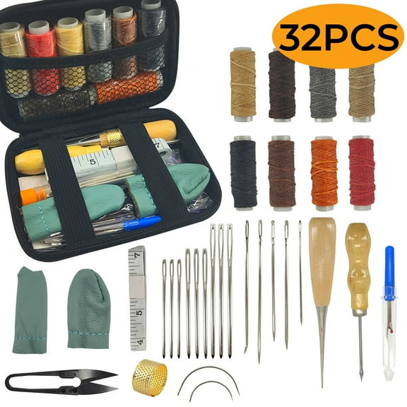 Leather Tools Repair Kit Sewing Kit Leather Working Tools and Supplies with Large-Eye Stitching Needles, Waxed Thread Crafting Tools for DIY Leather Craft 32PCS