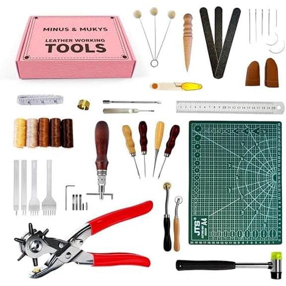 Leather Tools- Working & Crafting Kit: Includes Belt Hole Puncher for Leather, Upholstery Repair Kit, Awl Tool & Self-Healing Cutting Mat Ideal for Beginner$$Art & Craft