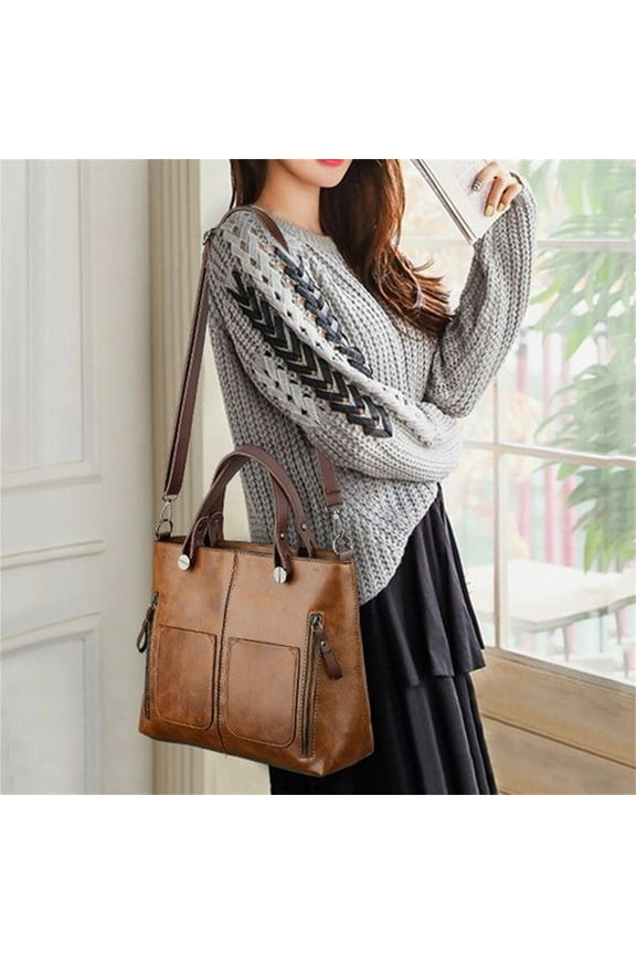 Leather Tote Handbag for Women | Multi-Pocket Large Capacity Purse | Retro Oil Wax Shoulder Bag | Removable Strap | Work, Shopping, Commuter Use | 31x10x25cm
