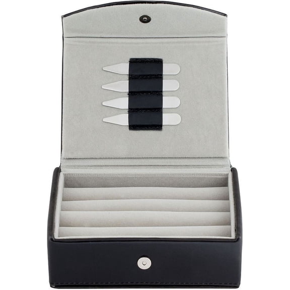 Leather Travel Cufflinks Box with 2 Pairs Metal Collar Stays