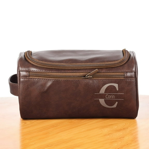 Leather Travel Toiletry Bag with Engraved Initials for Men and Women Hanging Cosmetic Organizer