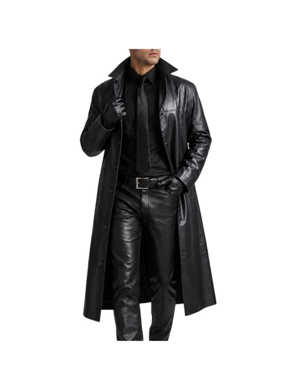 Leather Trench Coat Men Women Full Length Classic Faux Leather Long Coat Retro Jacket Steampunk Overcoat