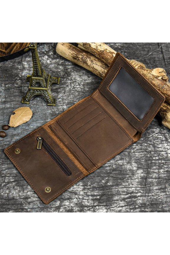 Leather Tri Fold Short Wallet with Snap Closure and Chain Attachment Eyelet