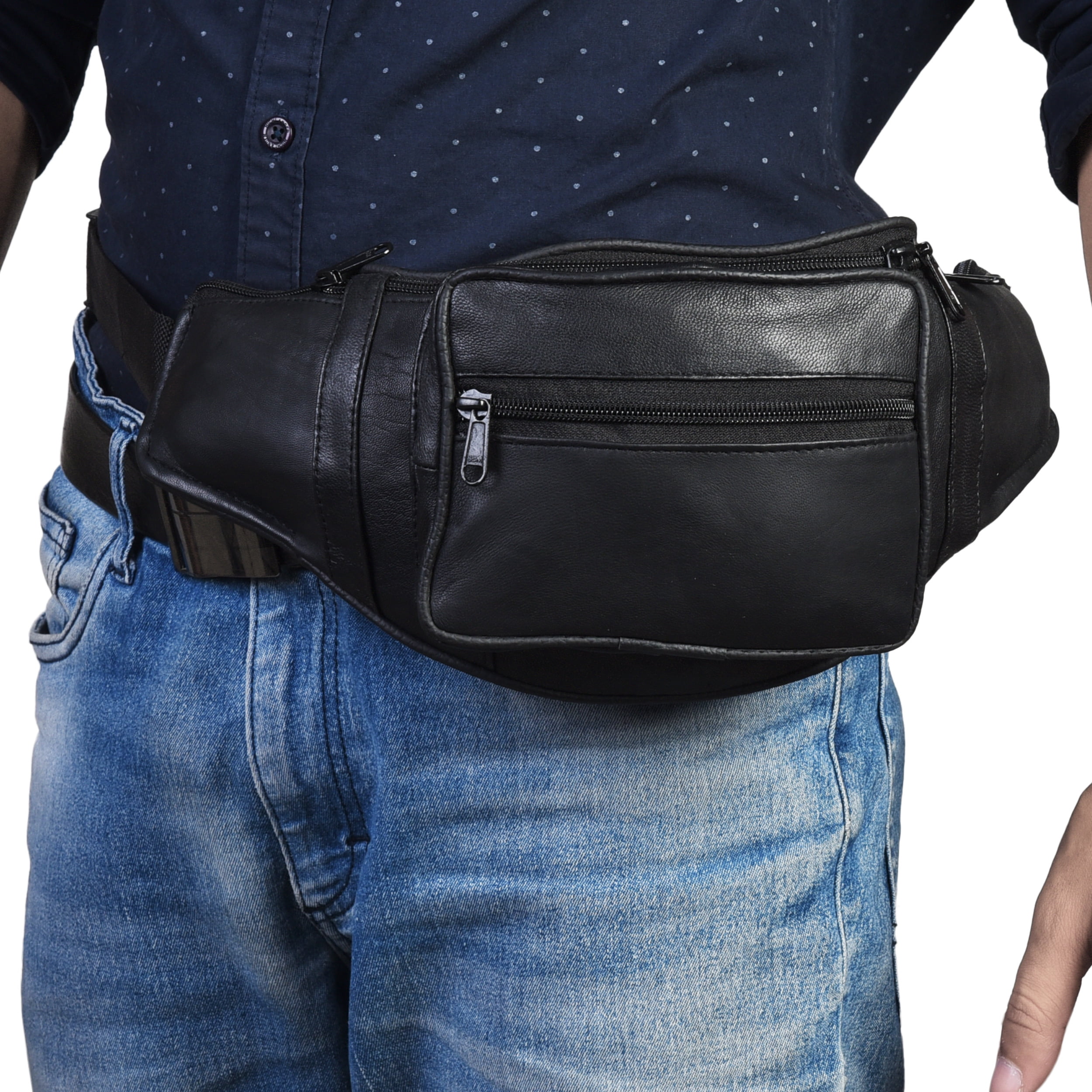 Leather Unisex Fanny Pack with 5 Zipper Pockets by Leatherboss