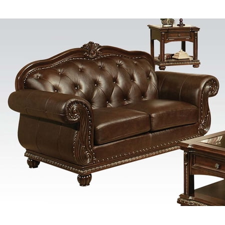 Leather Upholstered Love Seat In Traditional Style , Brown