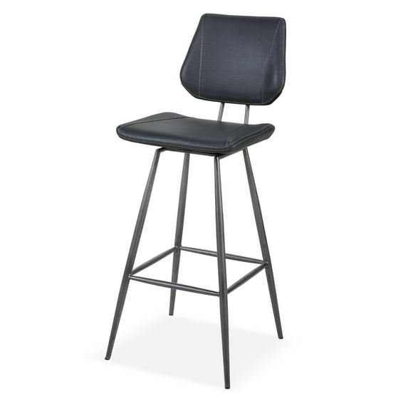 Benzara Leather Upholstered and Metal Bar Height Stool with Stitch Details, Black