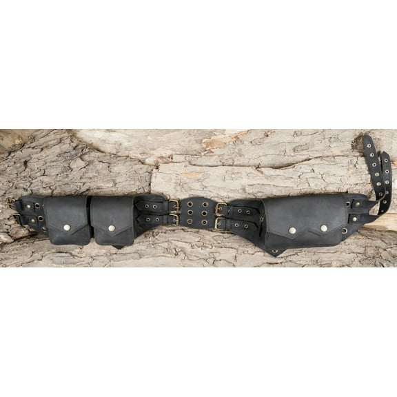 Leather Utility Belt with Multiple Pockets and Stud Details.