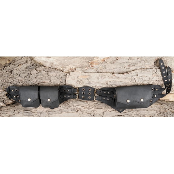 Leather Utility Belt with Multiple Pockets and Stud Details.