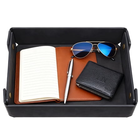 Leather Valet Tray Organizer for Men, Catch All Tray for Dresser & Nightstand to Organize Wallet, Keys, Watch, Phone, Jewelry（Black）