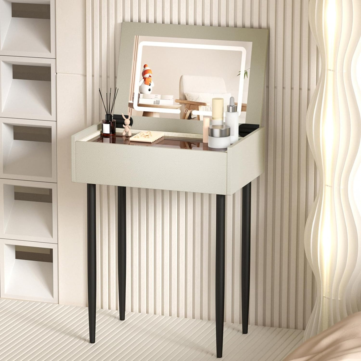Leather Vanity Desk with Mirror and Lights 3 Lighting Modes Vanity with