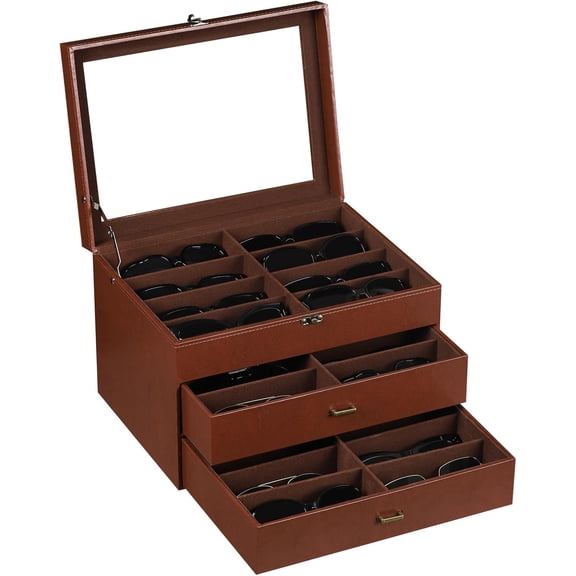Leather & Velvet Clear Lid 24 Piece Eyeglasses Storage and Sunglass Glasses Display Drawer Lockable Case Organizer,Coffee,MKAW045
