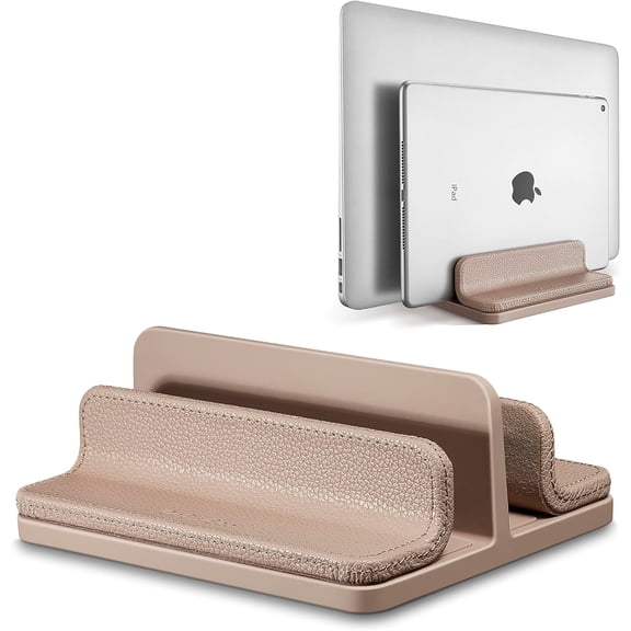 Leather Vertical Laptop Stand,Dual Holder Stand,Laptop Organizer with Adjustable Dock (18-26mm/0.7-1 in) for All MacBook/Tablet/Surface/Dell/iPad (Apricot)