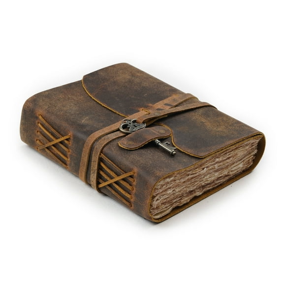 Leather Village Vintage Handmade Bound Journal with Key Closure and Deckle Edge Paper, 8 in x 6 in