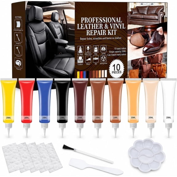 Leather and Vinyl Repair Kit (10 Colors x 20ml), Leather Scratch & Hole Repair Compound Set for Leather Couch, Car Seats, Furniture, Sofa, Jacket & Shoes, Liquid Leather Filler Kit