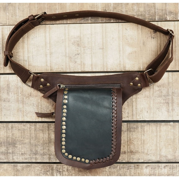 Leather Waist Belt with Zipper Pockets, Fits 32-48 Inch Waists