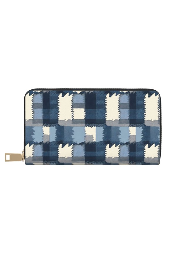 Leather Wallet 8 X 4.3 In Comfortable Light Waterproof And Durable Zipper Design Easy To Carry Mediumblue Houndstooth Buffalo Plaid Tartan Check Scotland Hand-Drawn Sketch_1