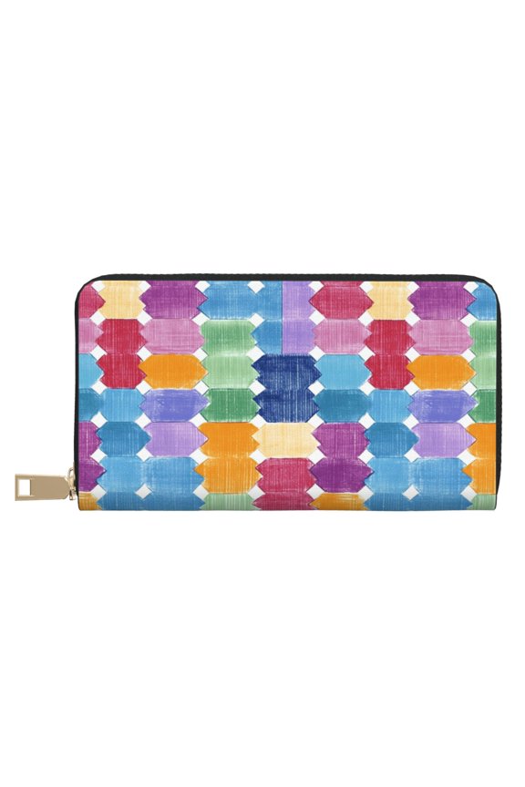 Leather Wallet 8 X 4.3 In Comfortable Light Waterproof And Durable Zipper Design Easy To Carry Aliceblue Colorful Houndstooth Hand-Drawn Sketch_1