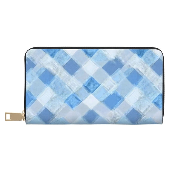 Leather Wallet 8 X 4.3 In Comfortable Light Waterproof And Durable Zipper Design Easy To Carry Argyle Plaid Lightskyblue_3