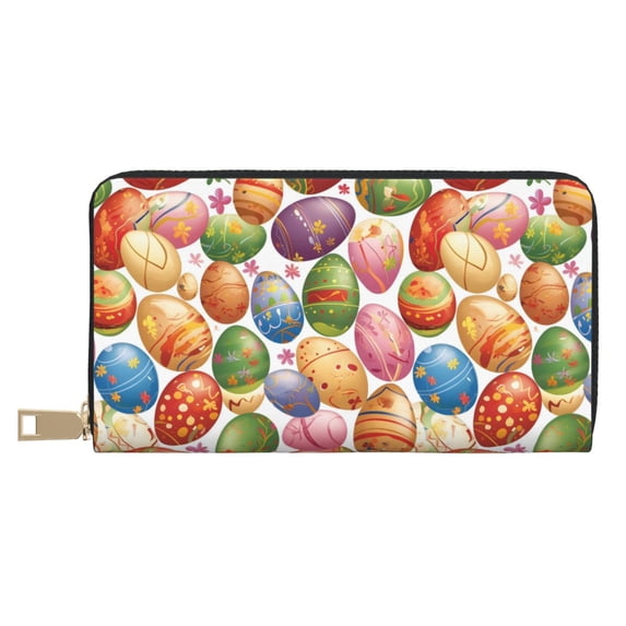 Leather Wallet 8 X 4.3 In Comfortable Light Waterproof And Durable Zipper Design Easy To Carry Colorful Easter Eggs Cartoon